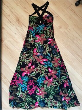 QED London Black Floral Maxi Dress with Pink & Green Tropical Print